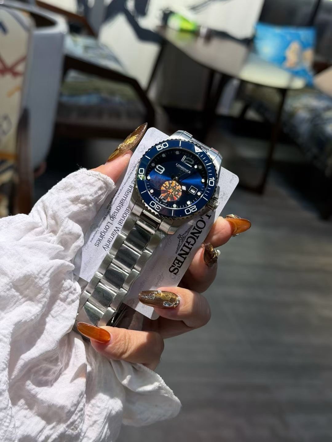Longines Blue Bezel Link Bracelet Watch — front