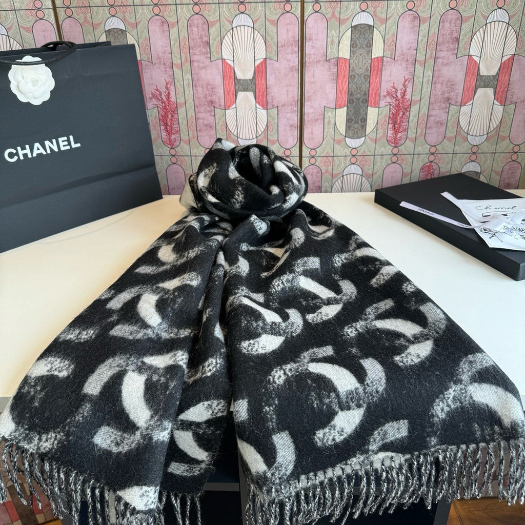 Chanel Black & White Fringed Scarf — hero