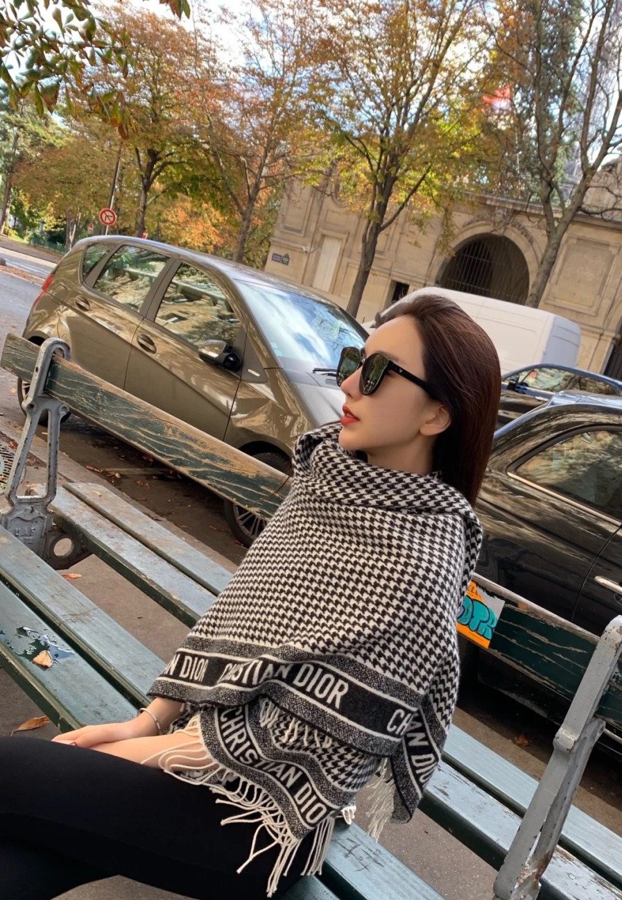 Dior Houndstooth Fringed Square Scarf & Shawl — model